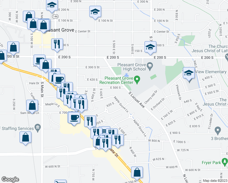 map of restaurants, bars, coffee shops, grocery stores, and more near 498 East 500 South in Pleasant Grove