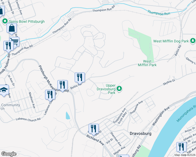 map of restaurants, bars, coffee shops, grocery stores, and more near 210 Bettis Road in Dravosburg
