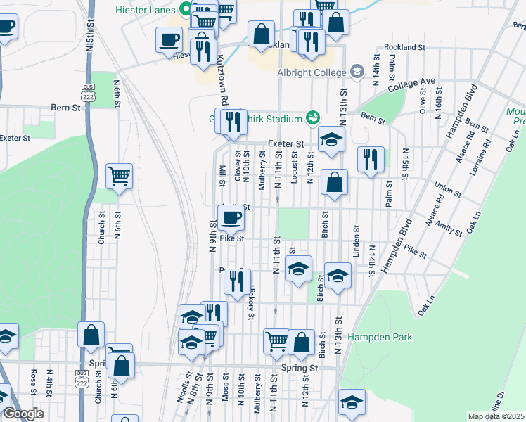 map of restaurants, bars, coffee shops, grocery stores, and more near 1032 Amity Street in Reading