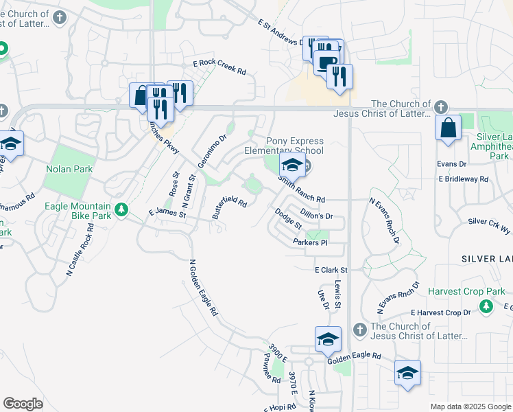 map of restaurants, bars, coffee shops, grocery stores, and more near 3829 East Butterfield Road in Eagle Mountain