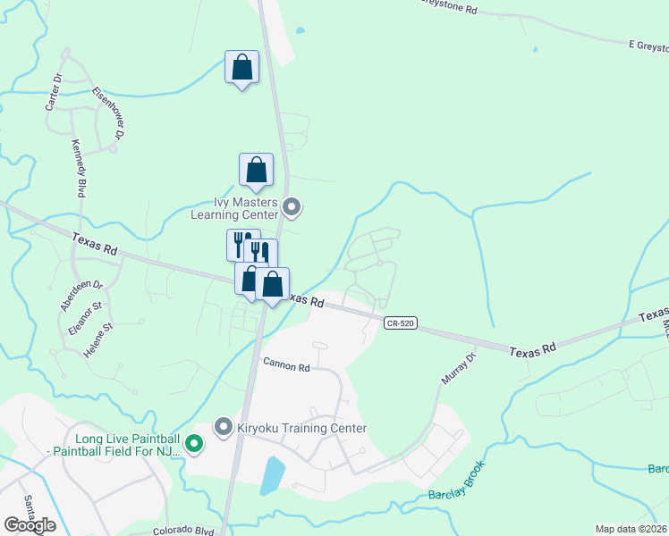 map of restaurants, bars, coffee shops, grocery stores, and more near 183 Texas Road in Old Bridge Township