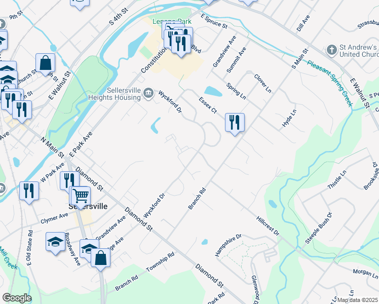 map of restaurants, bars, coffee shops, grocery stores, and more near 1010 Mews Drive in Sellersville