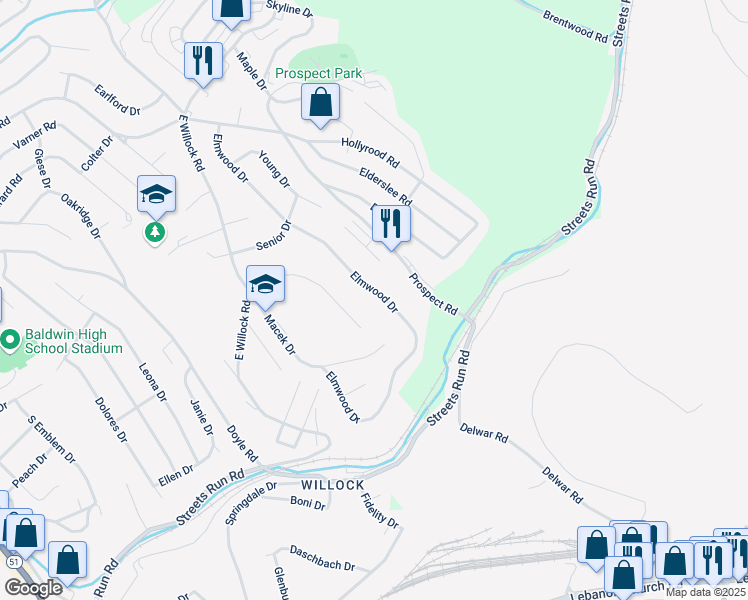 map of restaurants, bars, coffee shops, grocery stores, and more near 5114 Elmwood Drive in Pittsburgh