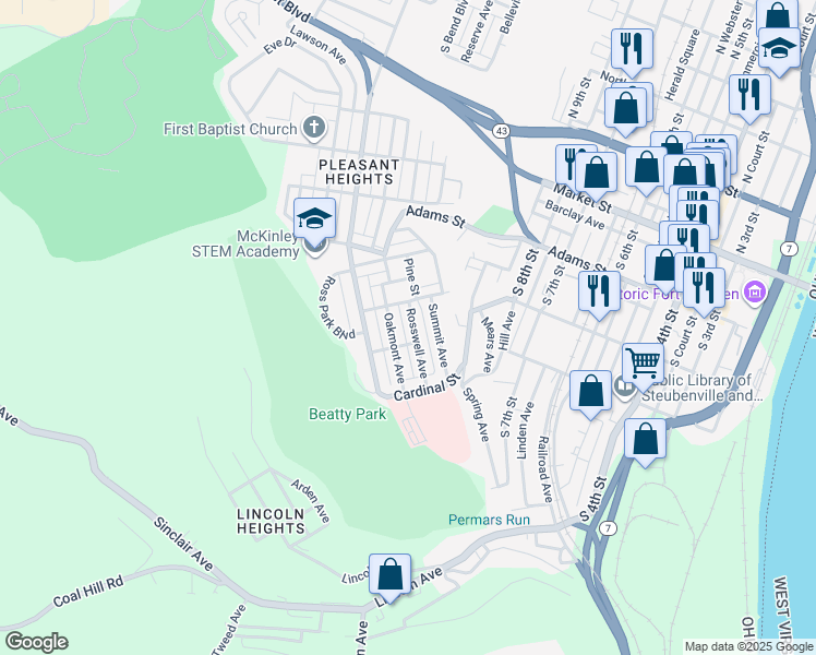 map of restaurants, bars, coffee shops, grocery stores, and more near 725 Rosswell Avenue in Steubenville