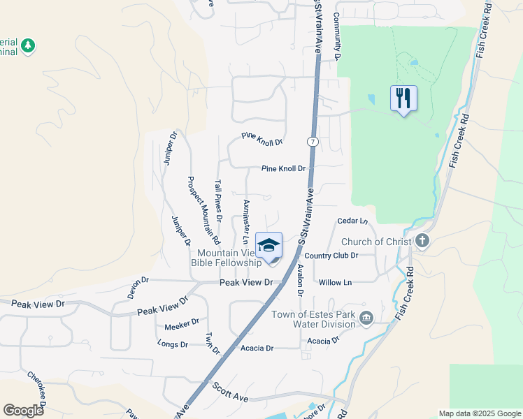 map of restaurants, bars, coffee shops, grocery stores, and more near 1381 Vail Court in Estes Park