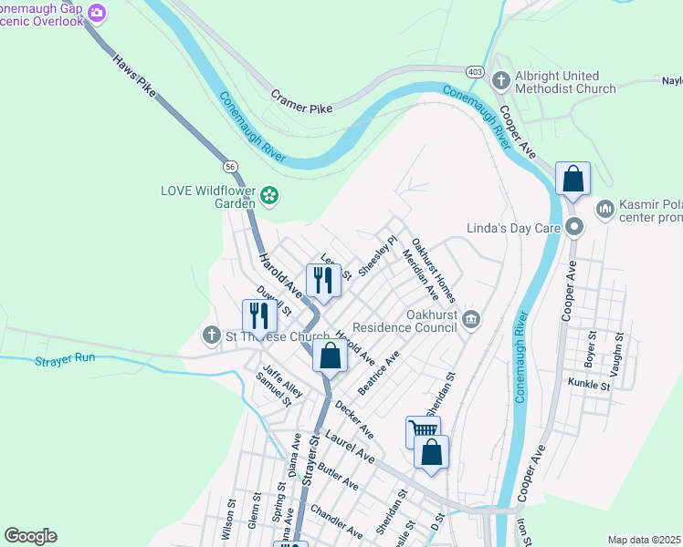 map of restaurants, bars, coffee shops, grocery stores, and more near 487 Leroy Street in Johnstown