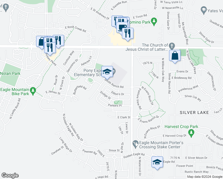 map of restaurants, bars, coffee shops, grocery stores, and more near 3995 Dillon's Drive in Eagle Mountain