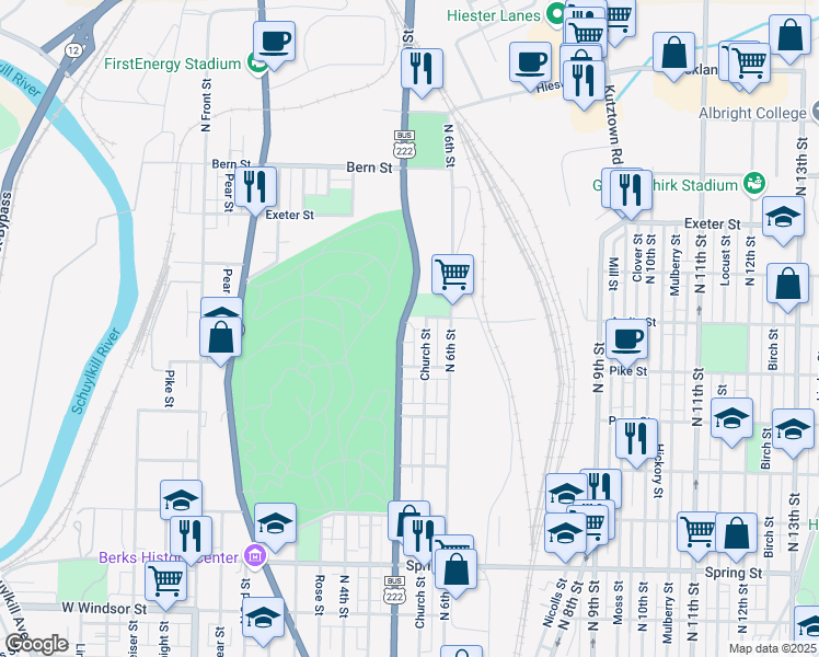 map of restaurants, bars, coffee shops, grocery stores, and more near 1437 North 5th Street in Reading