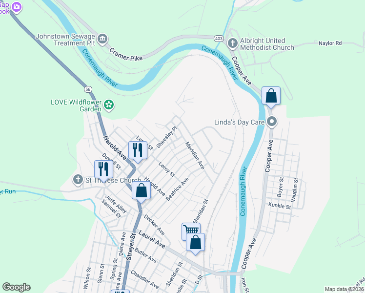 map of restaurants, bars, coffee shops, grocery stores, and more near 568 Edith Avenue in Johnstown