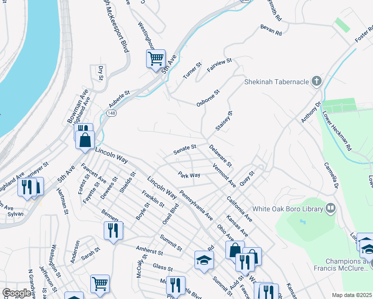 map of restaurants, bars, coffee shops, grocery stores, and more near 801 Maple Drive in White Oak