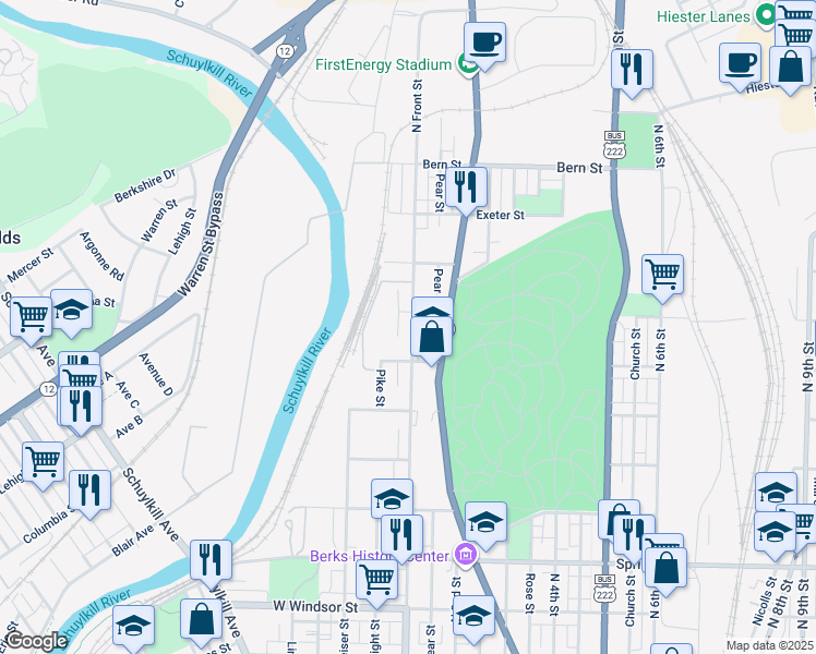 map of restaurants, bars, coffee shops, grocery stores, and more near 1450 North Front Street in Reading