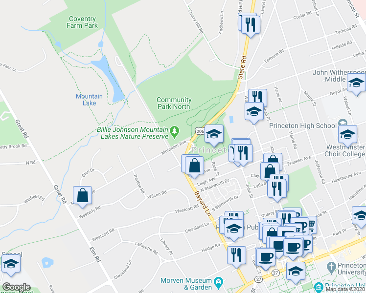 map of restaurants, bars, coffee shops, grocery stores, and more near 20 Mountain Avenue in Princeton
