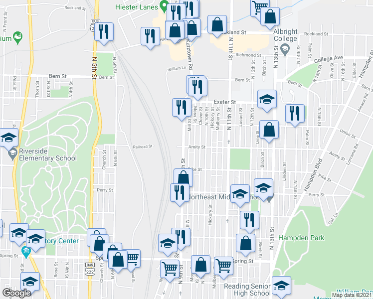 map of restaurants, bars, coffee shops, grocery stores, and more near 1455 North 9th Street in Reading