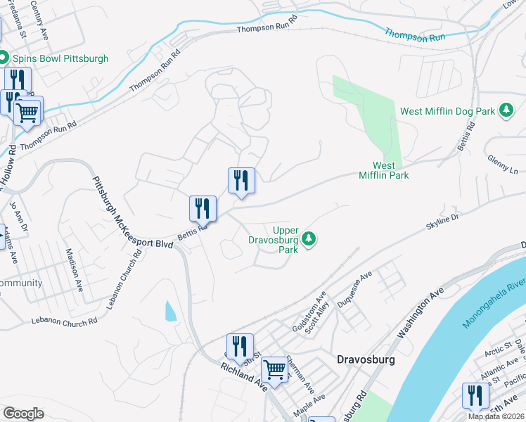map of restaurants, bars, coffee shops, grocery stores, and more near 210 Bettis Road in Dravosburg