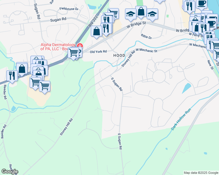 map of restaurants, bars, coffee shops, grocery stores, and more near 4 Kingswood Drive in New Hope