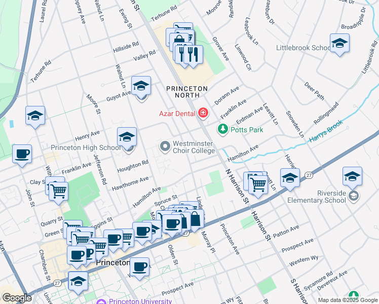 map of restaurants, bars, coffee shops, grocery stores, and more near 105 1/2 Linden Lane in Princeton