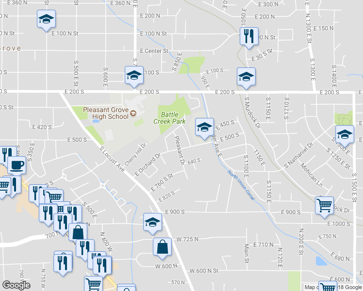 map of restaurants, bars, coffee shops, grocery stores, and more near 525 Pleasant Drive in Pleasant Grove