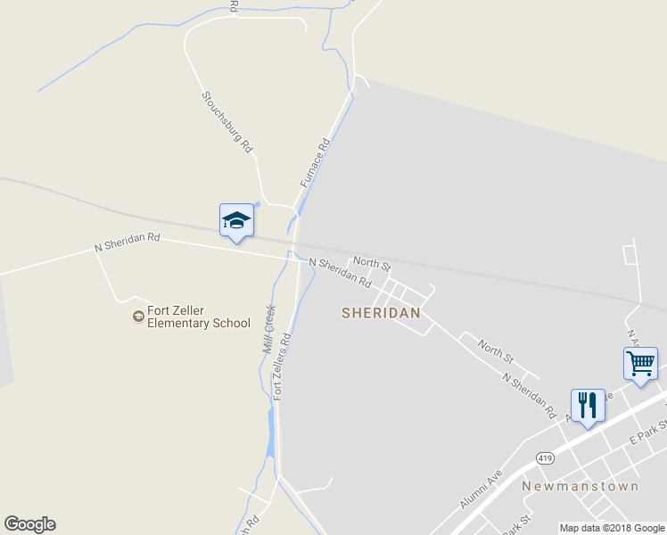 map of restaurants, bars, coffee shops, grocery stores, and more near 146 North Sheridan Road in Newmanstown