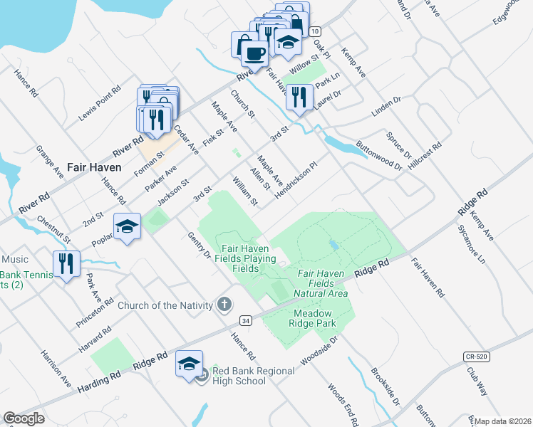 map of restaurants, bars, coffee shops, grocery stores, and more near 122 Hendrickson Place in Fair Haven