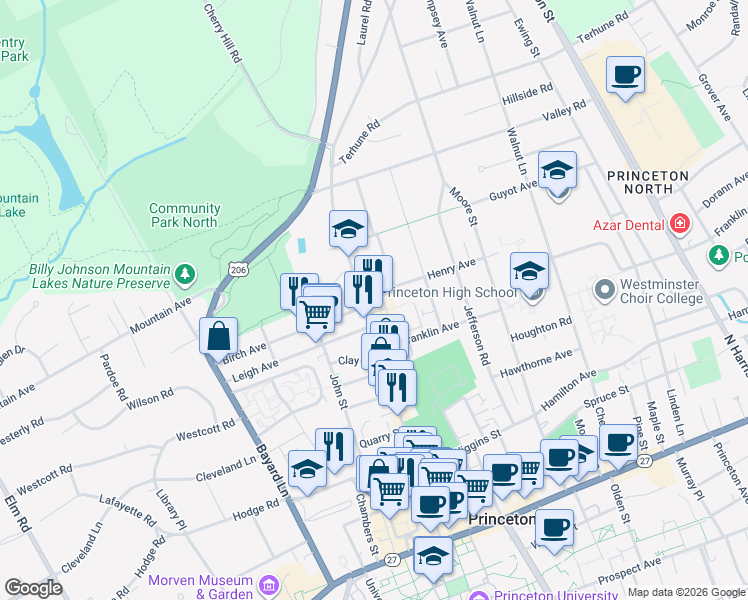 map of restaurants, bars, coffee shops, grocery stores, and more near 281 Witherspoon Street in Princeton