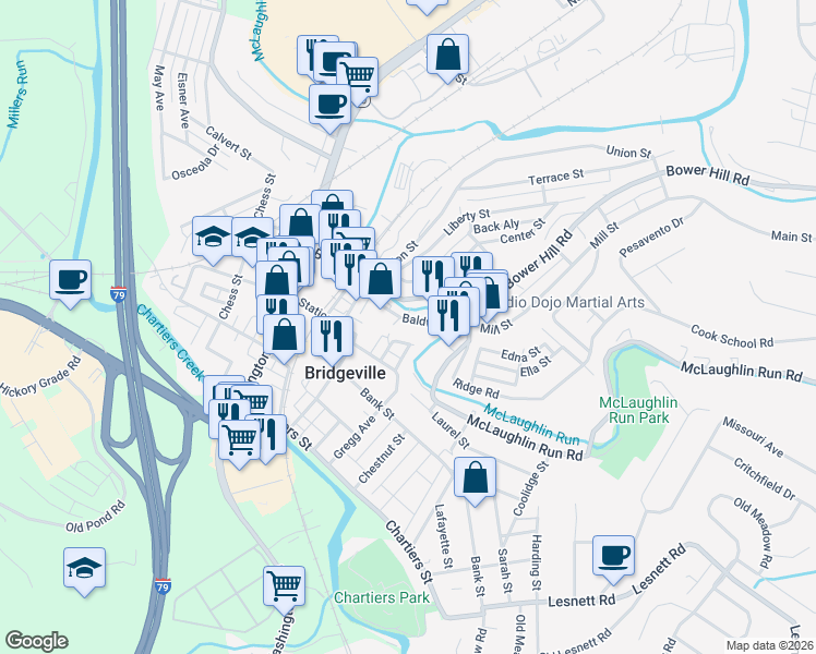 map of restaurants, bars, coffee shops, grocery stores, and more near 622 Baldwin Street in Bridgeville