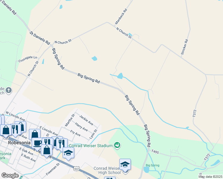 map of restaurants, bars, coffee shops, grocery stores, and more near 332 Big Spring Road in Robesonia