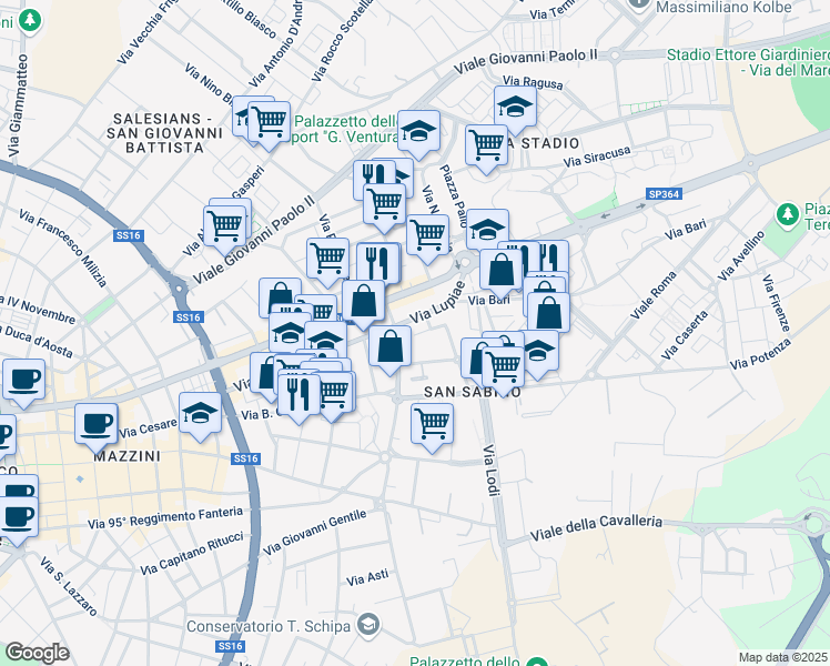 map of restaurants, bars, coffee shops, grocery stores, and more near 5 Via Michele Saponaro in Lecce