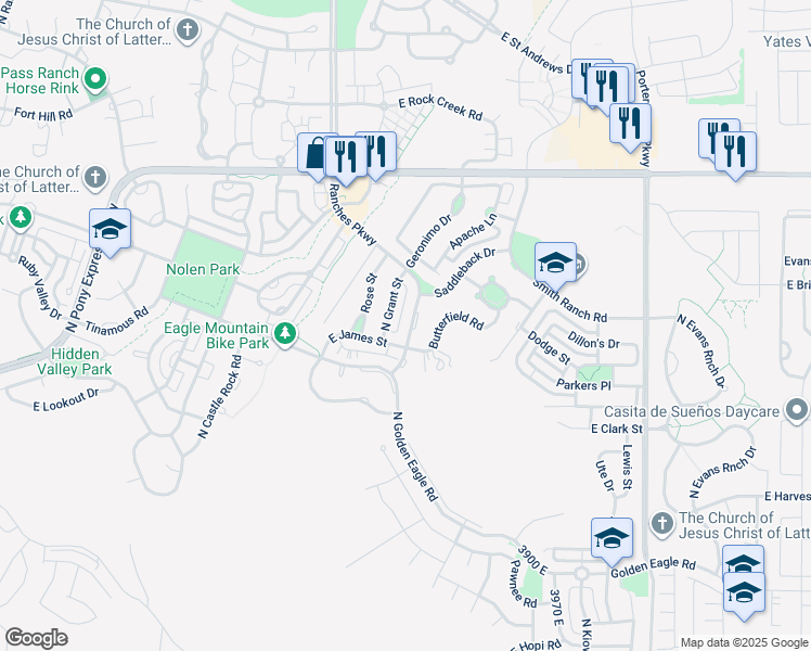 map of restaurants, bars, coffee shops, grocery stores, and more near 7687 Ranches Parkway in Eagle Mountain