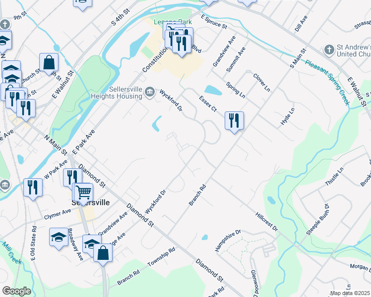 map of restaurants, bars, coffee shops, grocery stores, and more near 1007 Mews Drive in Sellersville