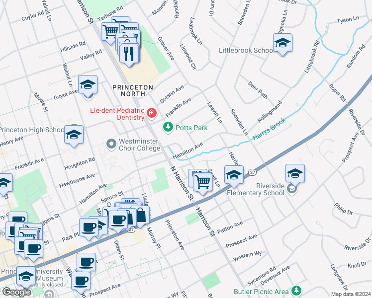 map of restaurants, bars, coffee shops, grocery stores, and more near 50 Hornor Lane in Princeton