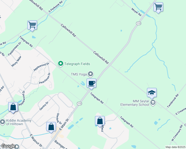 map of restaurants, bars, coffee shops, grocery stores, and more near 1108 Pennsylvania 113 in Perkasie