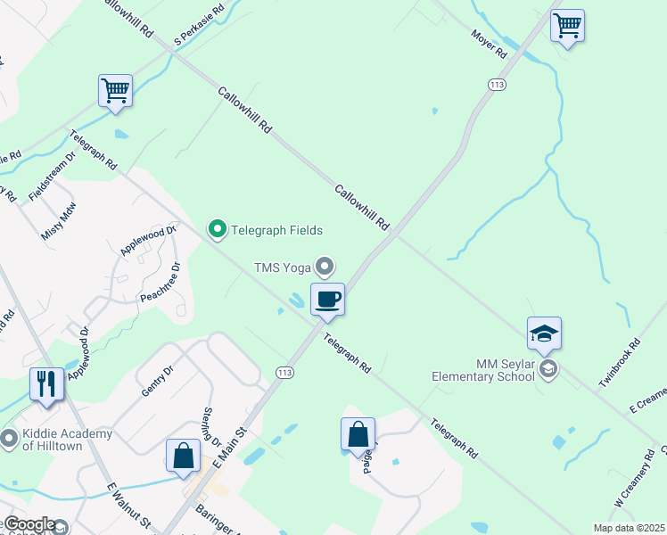 map of restaurants, bars, coffee shops, grocery stores, and more near 1108 Pennsylvania 113 in Perkasie