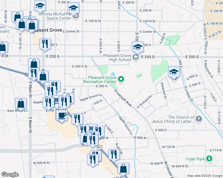 map of restaurants, bars, coffee shops, grocery stores, and more near 510 South Locust Avenue in Pleasant Grove