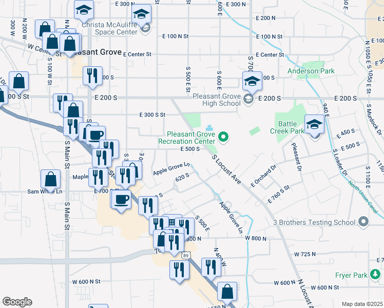 map of restaurants, bars, coffee shops, grocery stores, and more near 498 East 500 South in Pleasant Grove