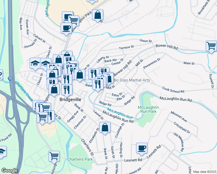 map of restaurants, bars, coffee shops, grocery stores, and more near 714 Mill Street in Bridgeville