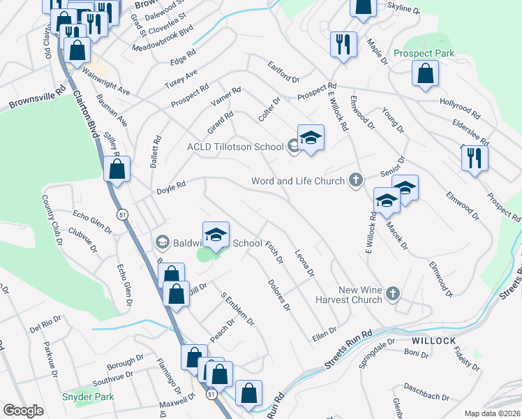 map of restaurants, bars, coffee shops, grocery stores, and more near 4895 Leona Drive in Pittsburgh