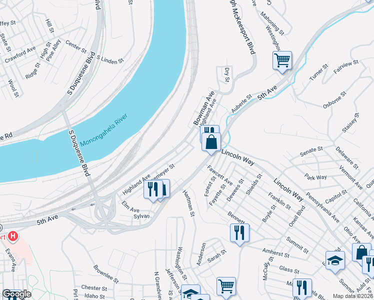 map of restaurants, bars, coffee shops, grocery stores, and more near 2618 Highland Avenue in McKeesport