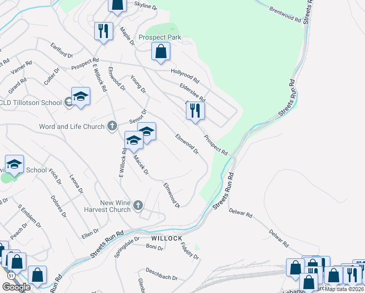 map of restaurants, bars, coffee shops, grocery stores, and more near 5114 Elmwood Drive in Pittsburgh