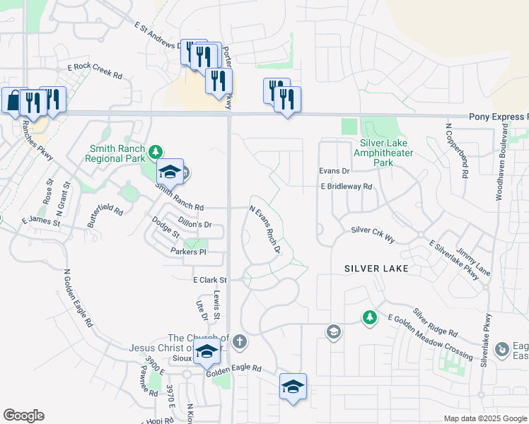 map of restaurants, bars, coffee shops, grocery stores, and more near 7690 North Evans Ranch Drive in Eagle Mountain