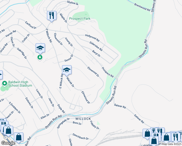 map of restaurants, bars, coffee shops, grocery stores, and more near 5114 Elmwood Dr in Pittsburgh