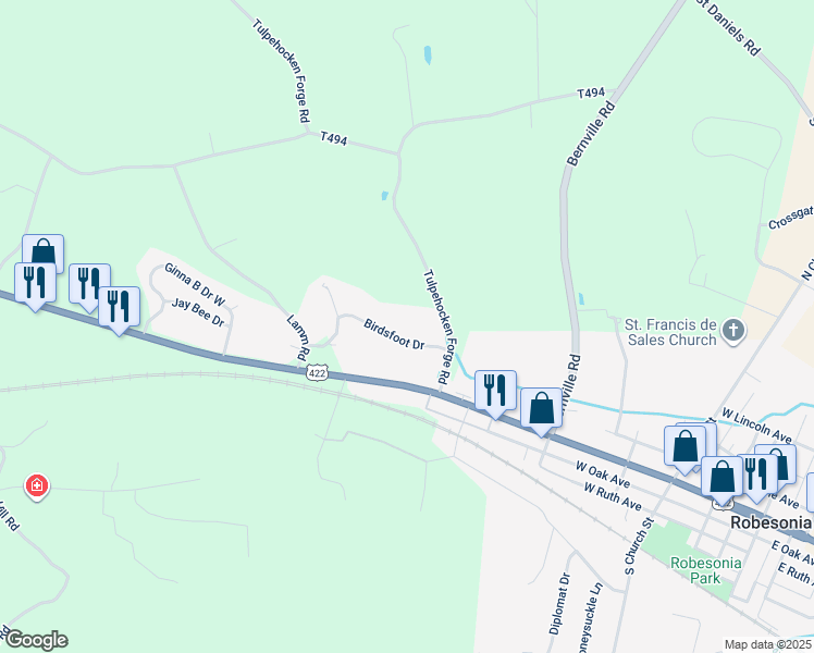 map of restaurants, bars, coffee shops, grocery stores, and more near 17 Birdsfoot Dr in Robesonia