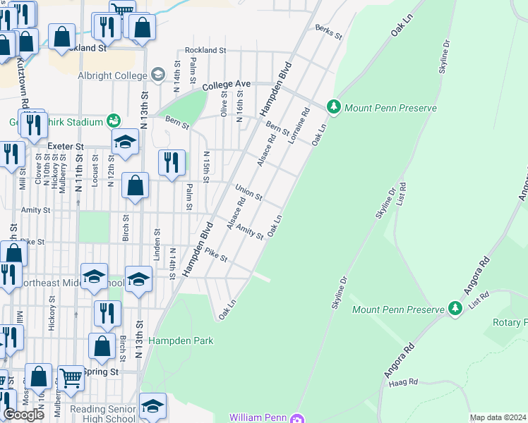 map of restaurants, bars, coffee shops, grocery stores, and more near 1511 Lorraine Road in Reading
