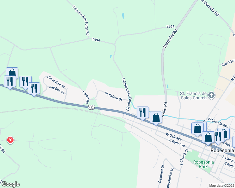 map of restaurants, bars, coffee shops, grocery stores, and more near 17 Birdsfoot Dr in Robesonia
