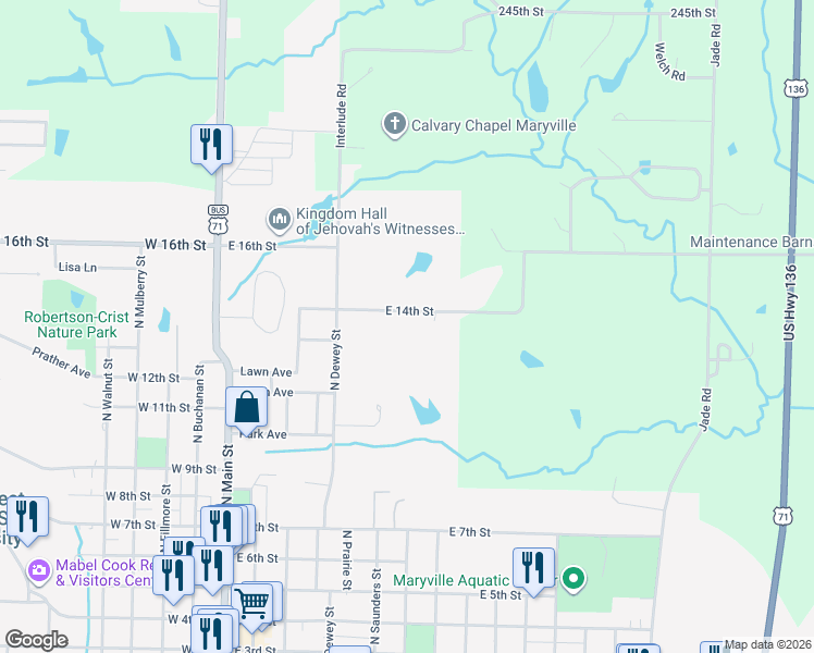 map of restaurants, bars, coffee shops, grocery stores, and more near 622 East 14th Street in Maryville