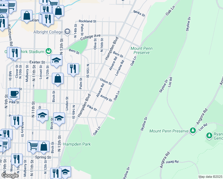 map of restaurants, bars, coffee shops, grocery stores, and more near 1511 Lorraine Road in Reading