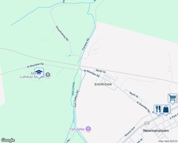 map of restaurants, bars, coffee shops, grocery stores, and more near 148 North Sheridan Road in Newmanstown