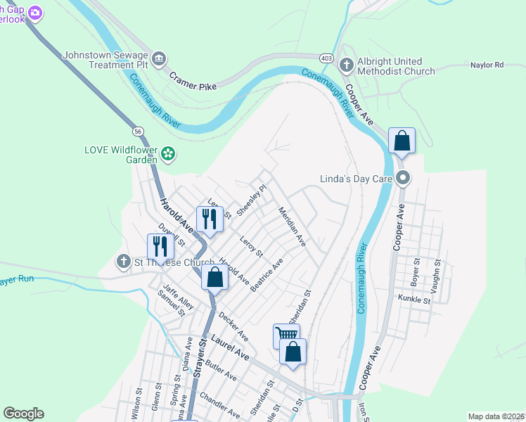 map of restaurants, bars, coffee shops, grocery stores, and more near 568 Edith Avenue in Johnstown