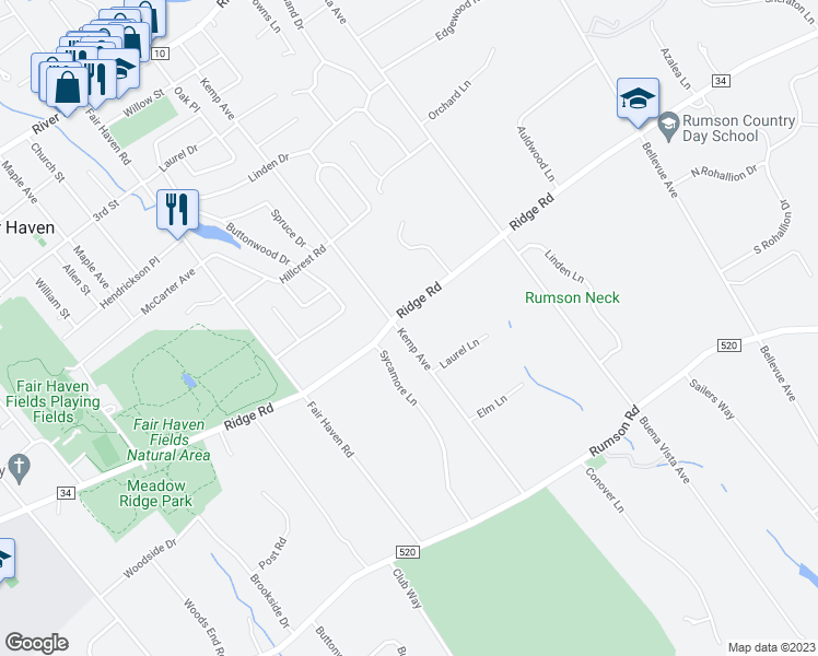 map of restaurants, bars, coffee shops, grocery stores, and more near 137 Ridge Road in Rumson