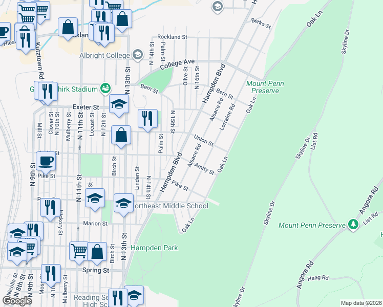 map of restaurants, bars, coffee shops, grocery stores, and more near 1504 Alsace Road in Reading