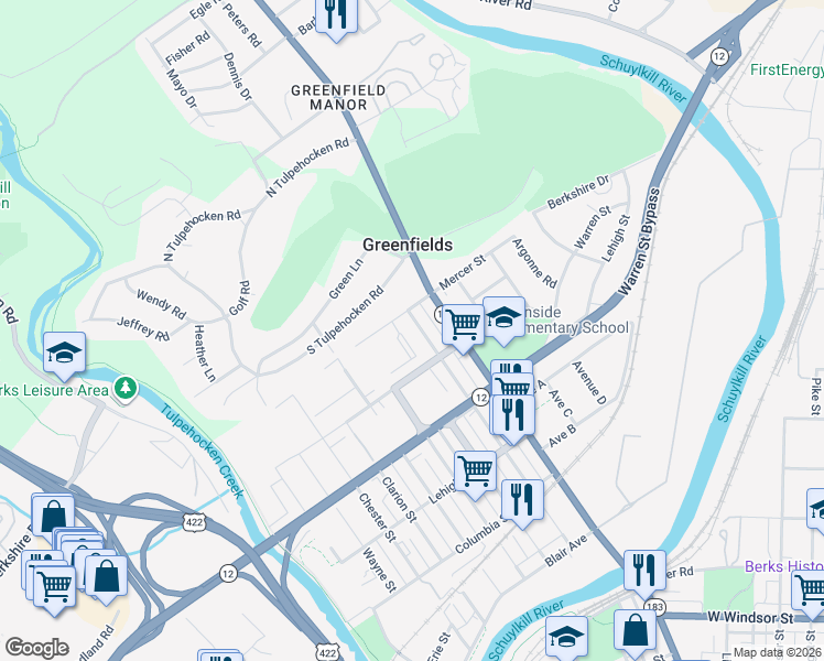 map of restaurants, bars, coffee shops, grocery stores, and more near 355 Lackawanna Street in Reading